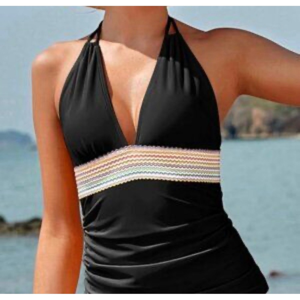 YONIQUE Black Halter Tankini Swim Top Multi Color Zig Zag Shirred Sides Women‎ L